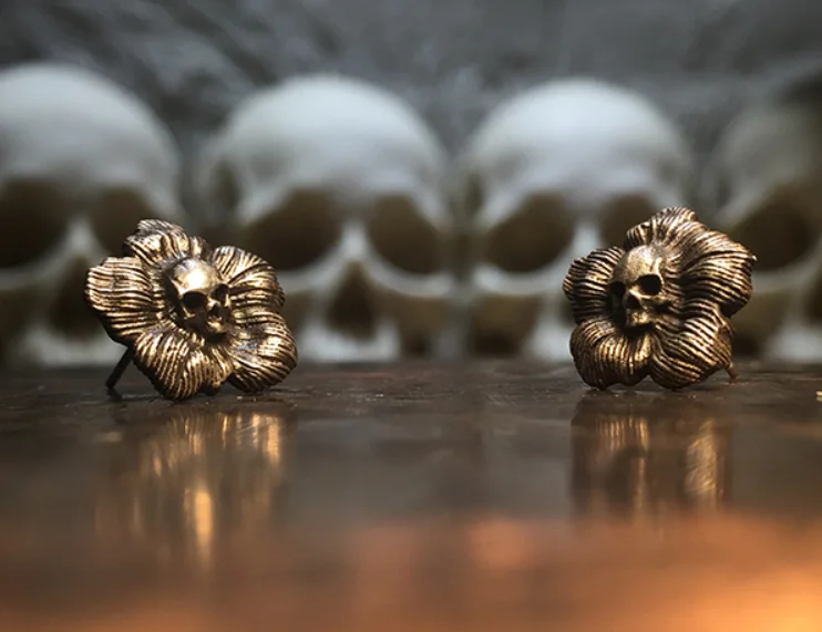 Poppy Flower Skull Stud Goth Skeleton Biker Earring Steampunk Gothic Jewelry