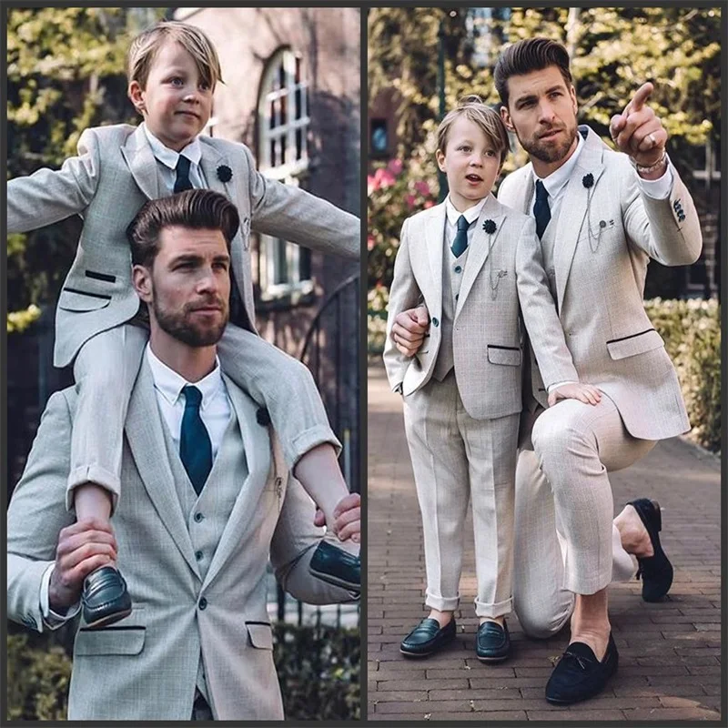 Father And Son Suits 3-piece Custom Made Light Gray Cotton Blend Formal Blazer Notched Lapel Men Suits For Father And Son