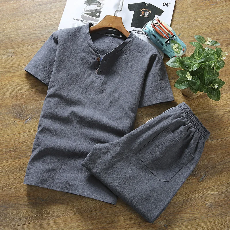 Linen Short-sleeved T-shirt + Shorts 2Pcs Men Cotton Linen Causal Suit For Male Summer Spring Autumn