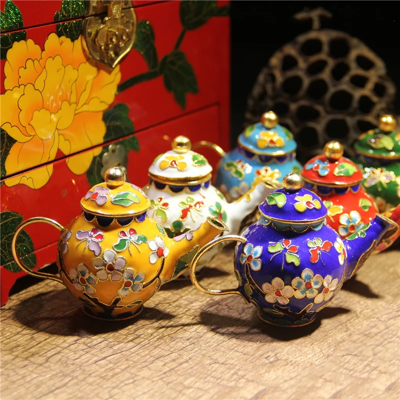 Fancy Enamel Filigree Small Pot Teapot Ornaments Table Decorations Handwork Chinese Cloisonne Copper Crafts Home Decor Gifts