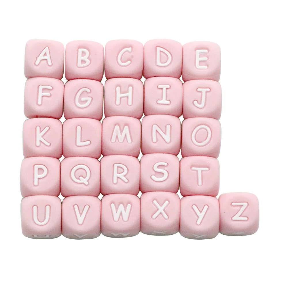 Joepada 100Pc Rosa Silikon Brief Perlen DiY Baby Zahnen Halskette Zubehör Food Grade Alphabet Silikon Baby Beißring