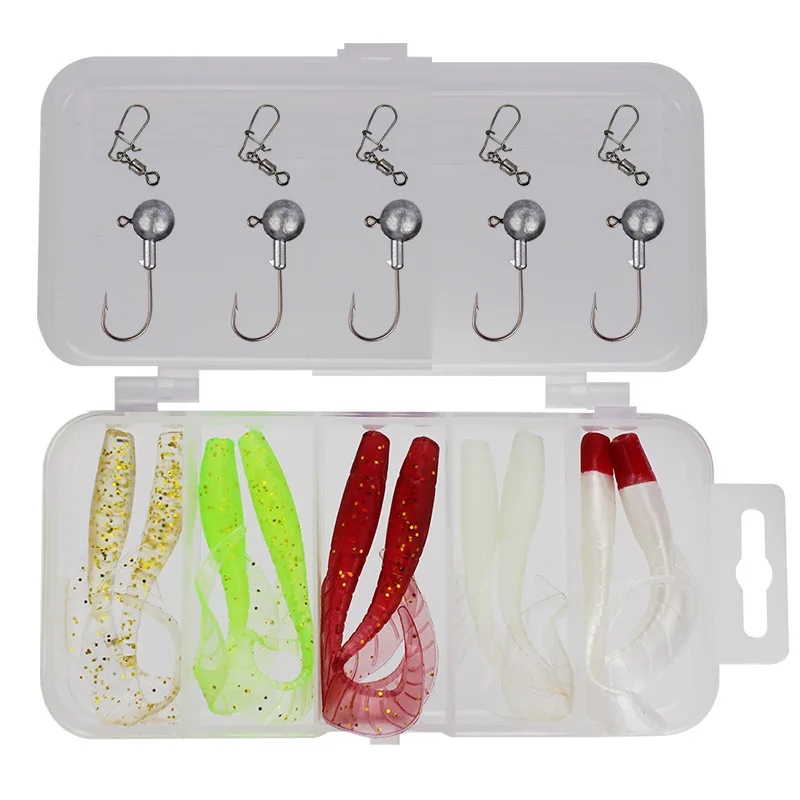 Fishing Soft Bait Lure Kit Artificial Lures 20 Pieces Combo Grub Jig Head Hook Worm Swivel