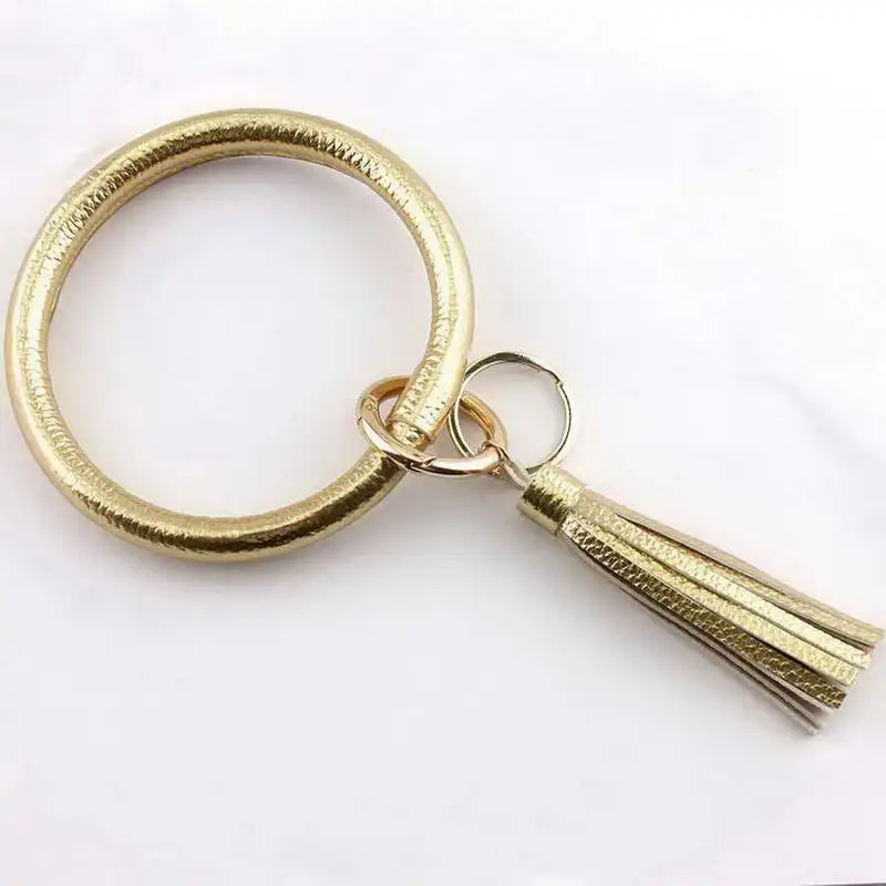 ZWPON Hot Sale PU Leather Tassel Big O Circle Key Chain Women Wristlet Keychain  Girl Key Ring Wrist Strap Wholesale