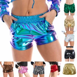 Shiny Metallic Women Shorts Pants Leopard Print Boxer Short PU Shiny Night Party Club Wear Sexy Women Loose Short with Pockets