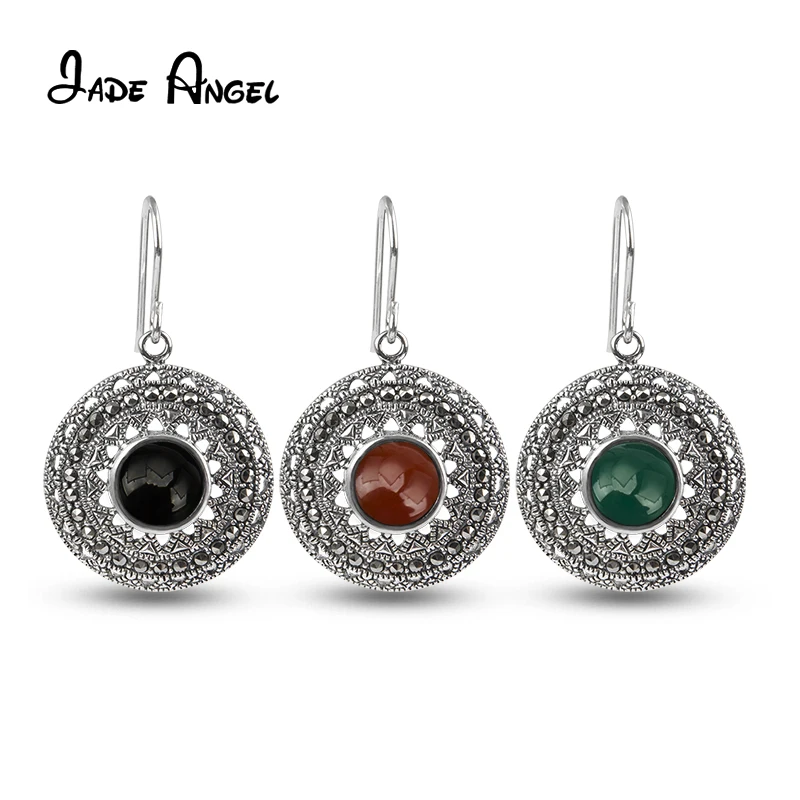 

JADE ANGEL 925 Sterling Silver Jewelry Black Green Red Onyx Vintage Thai Silver Drop With Sunflower For Women Earrings