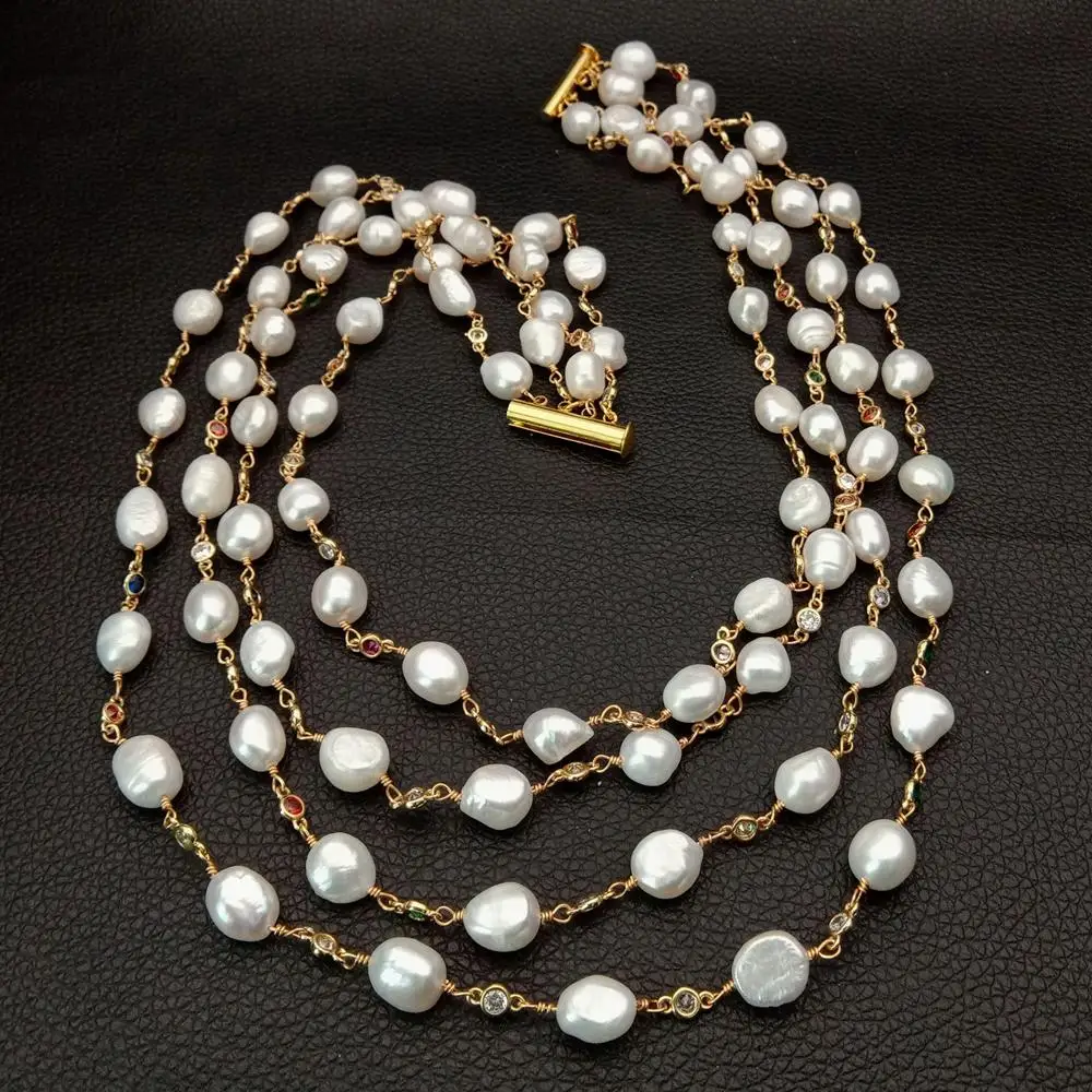

YYGEM Natural Office style 18" 4 Strands Freshwater White Baroque Pearl Multi Color Cz Chain Necklace