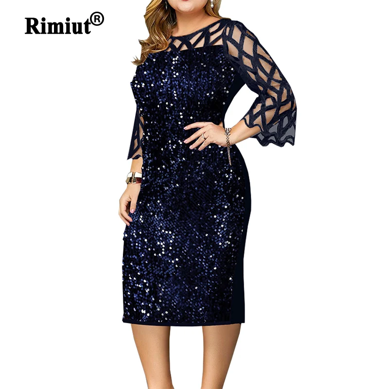 S-5XL de talla grande con lentejuelas para mujer, vestidos de otoño con manga de encaje brillante, ropa informal Sexy para mamá, cuello redondo