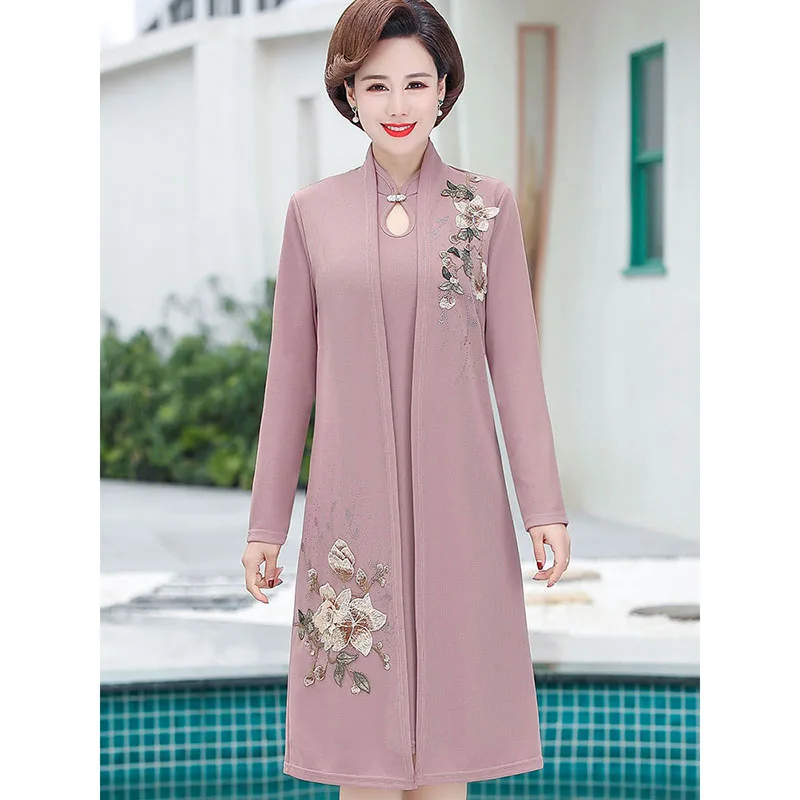 Cheongsam Dress Two-piece Suit Spring Autumn High-end Elegant Dress Middle-aged Women's Embroidered Dress Set 5XL 1876