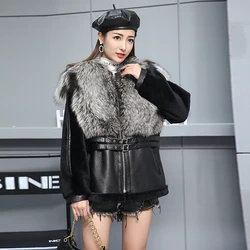 Women's Genuine Leather Natural Sheep Shearling Fur Coat Winter 100% Sheepskin Coat Female Bomber Fox fur leather Jackets wy289