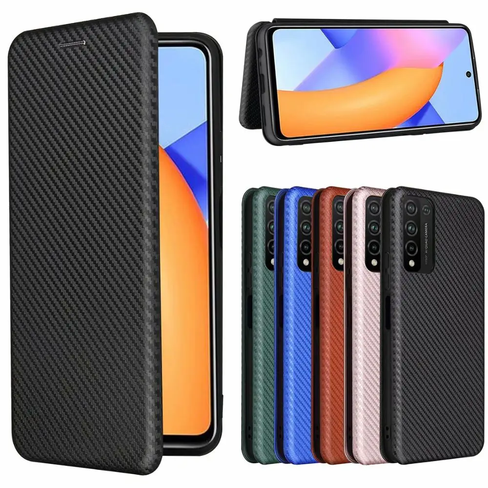 P Smart 2021 Carbon Fiber Flip Leather Case For Huawei Honor 10X Lite Y7A Y9A Nova 8 SE Card Holder Magnetic Case Coque Fundas