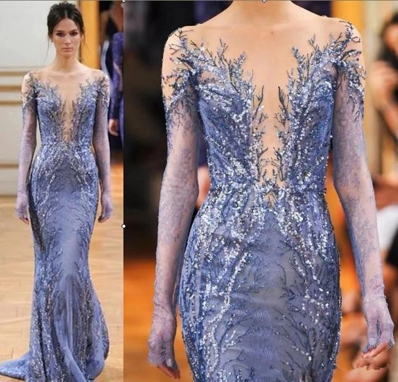 Vestidos de celebridad azul, vestidos de sirena de manga larga con Apliques de encaje con cuentas transparentes, vestidos de alfombra roja formales famosos