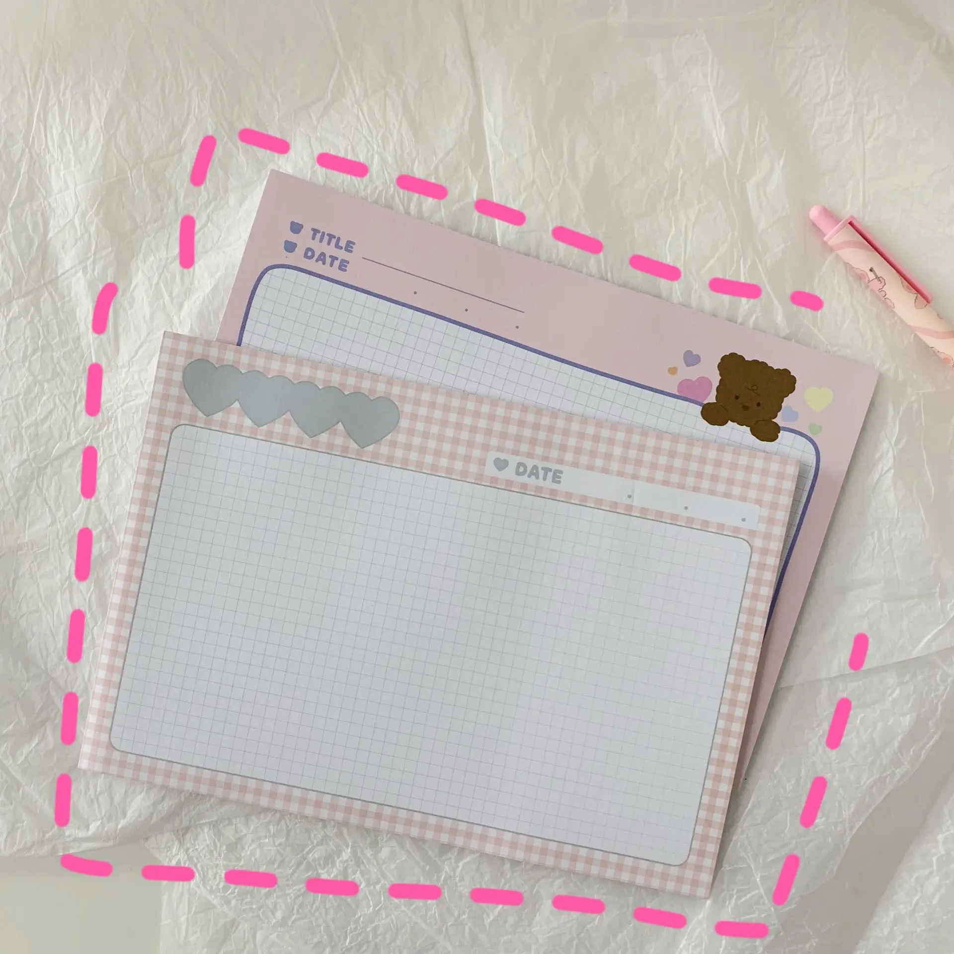 Korean Ins Pink Grid Cute Bear Memo Pad 30 Sheets A5 Crosswise Student Learning Note Paper Leave A Message Kawaii Stationery