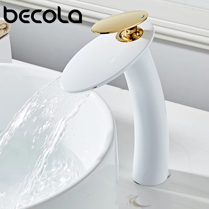 

Becola Tall Golden White Bathroom Faucet Deck Mounted Waterfall Sink Faucets Washing Basin Taps Hot & Cold Water Mixer Tapware