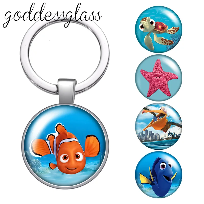 Disney Finding Nemo Clownfish Marlin Fish glass cabochon keychain Bag Car key chain Ring Holder Charms keychains gift