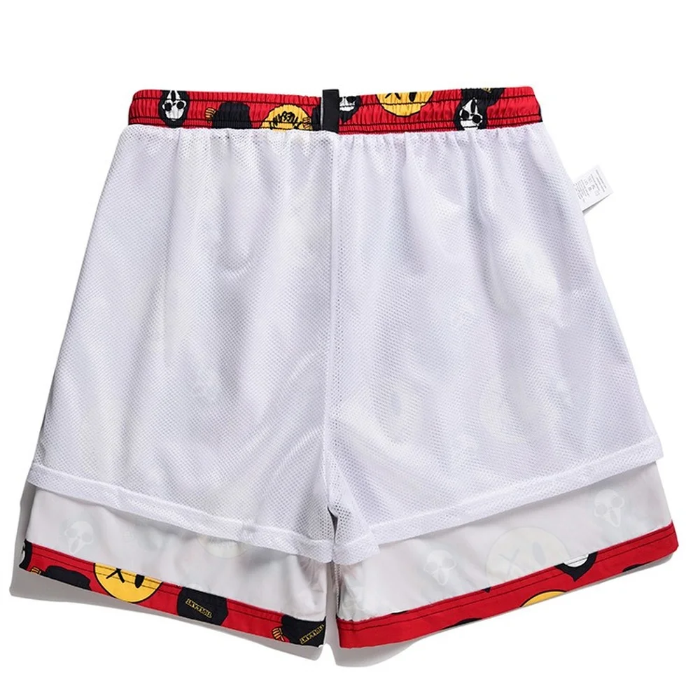 Homens verão Drawstring Smiley impressão calções de praia, calção de natação, boxer surf, maiô, roupa de banho