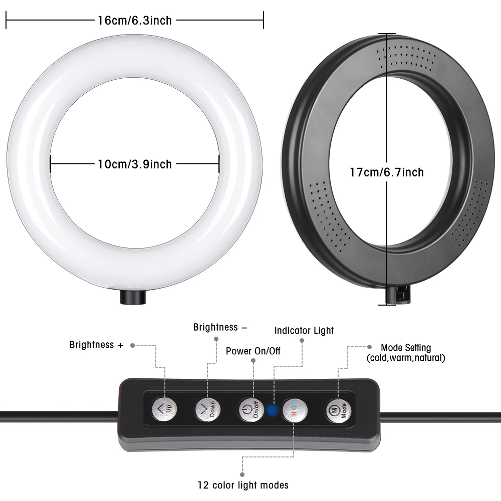 SH 6 بوصة Selfie RGB LED مصباح مصمم على شكل حلقة 3000-6500K مع حامل ثلاثي القوائم للبث المباشر/المكياج/يوتيوب/التصوير الفوتوغرافي/تسجيل الفيديو