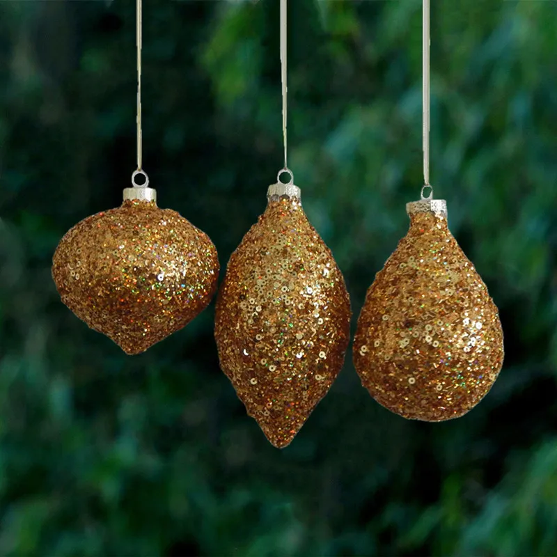 

8pcs/pack Middle Size Gold Piece Ornaments Glass Pendant Different Shaped Christmas Tree Decorative Globe Onion Cone Drop Hanger