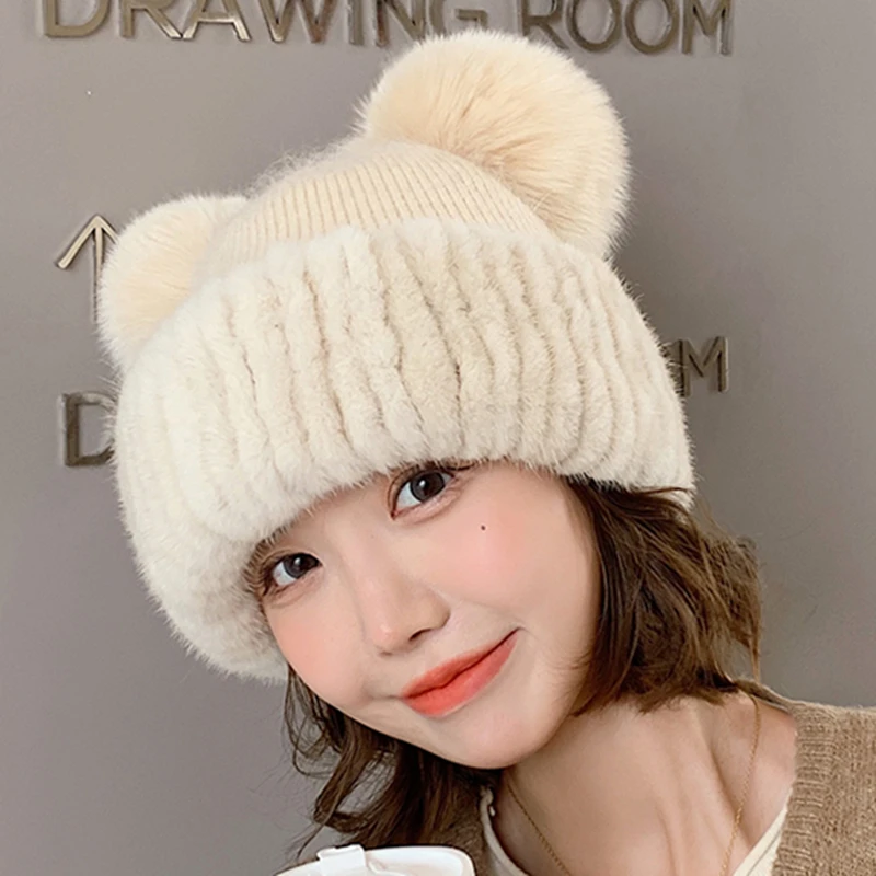 

ZDFURS*New cute fox hair bulb mickey ears cap adult children flaming mink wool knitted cap of cap