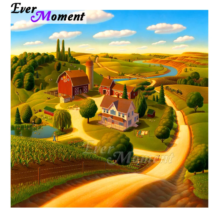 

Ever Moment Diamond Painting Village Road Landscape Handmade Full Square Round Mosaic Picture Of Rhinestone Embroidery ASF1787