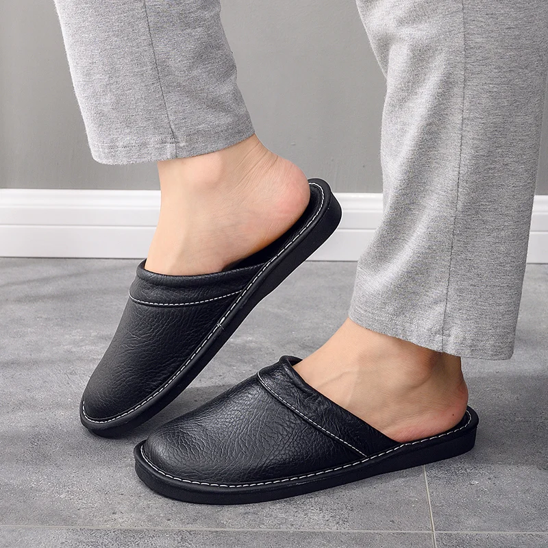 Fashion Black Male\'s Slippers Men Leather Home Shoes Mans Autumn Winter Bedroom Slippers Couple Indoor Women Slides Plus Size