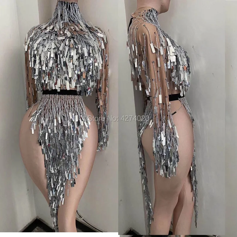 

Sparkly mirror costume women singer stage dance outfit Nude Silver Sequins Fringe Short Dresses