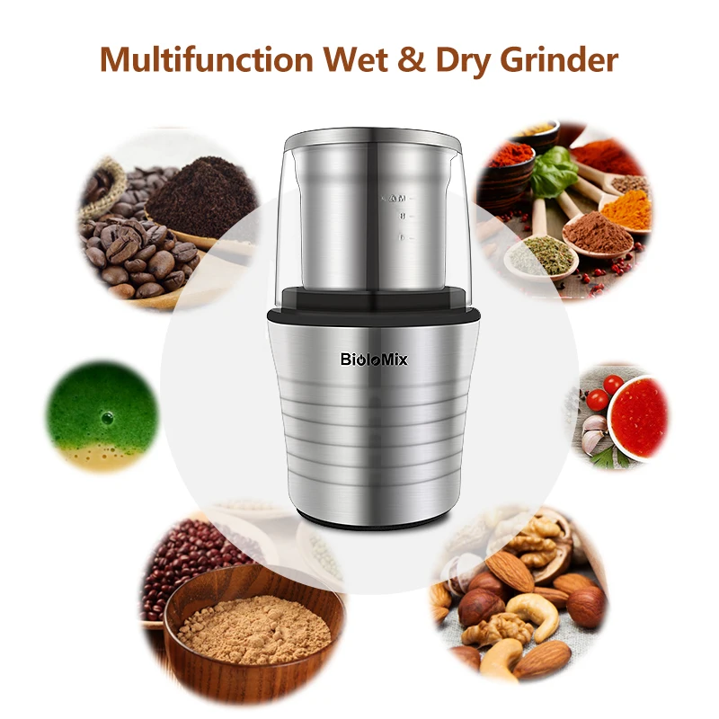 Coffart By BioloMix 2-in-1 Wet and Dry Double Cups 300W Electric Coffee Bean Grinder Stainless Steel Body and Miller Blades