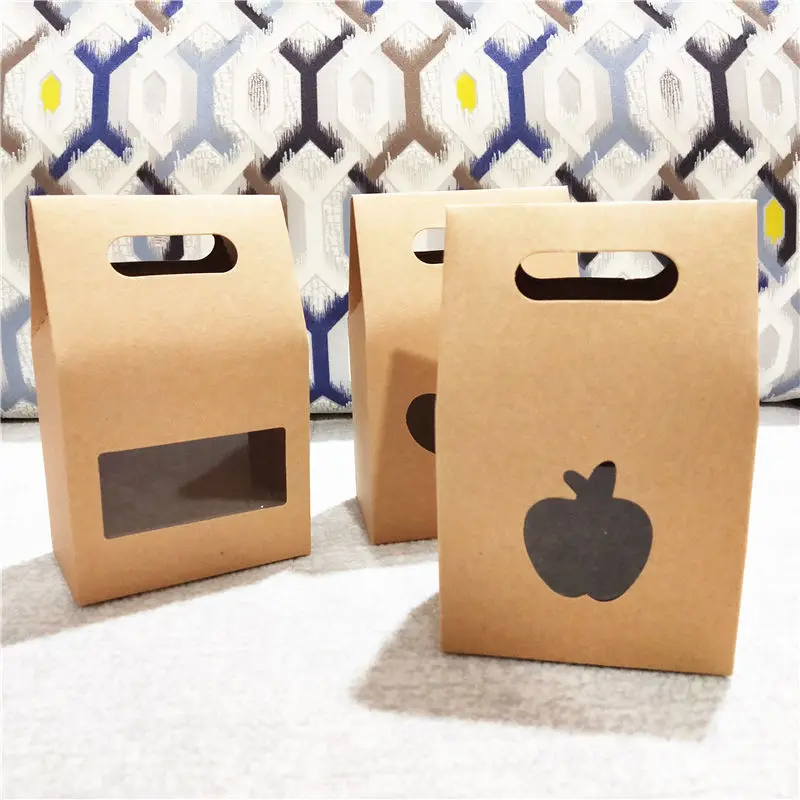 50pcs/Lot Paperboard Standing Kraft Paper Boxes With Transparent PVC Square Apple Window For Caramel Pudding Egg Tart Bags Boxes