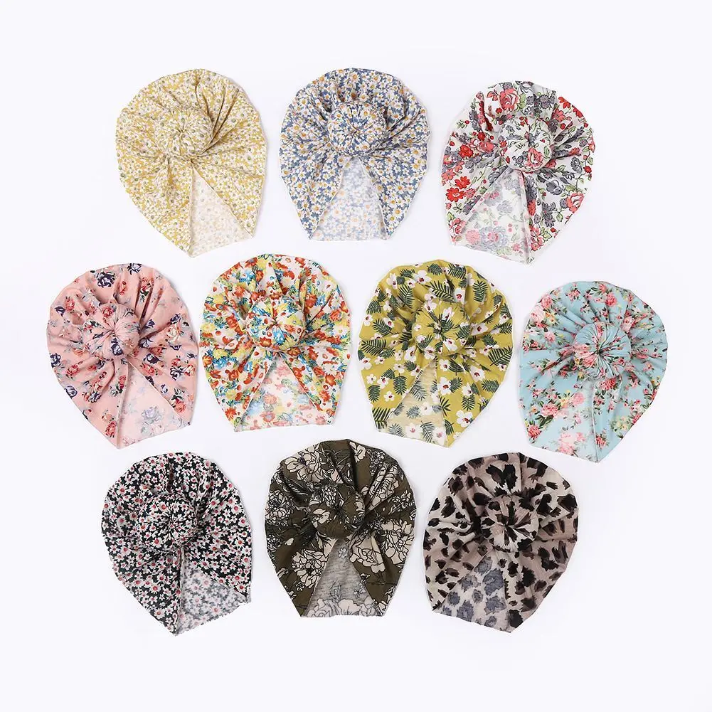 

20pc Floral Prints Baby Hat Round Knot Baby Girls Hat Donuts Turban Head Wraps Baby Kids Bonnet Beanie Newborn Photography Props