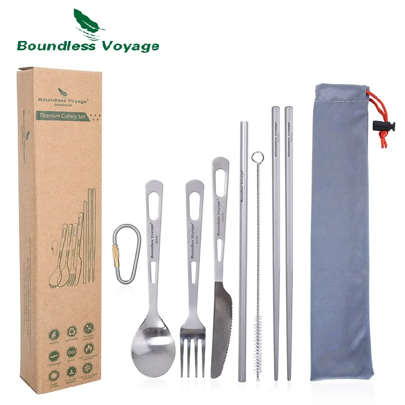 Boundless Voyage Camping Cutlery Set Titanium Spoon Fork Knife Spork Chopsticks Straw Outdoor Tableware Travel Daily Flatware