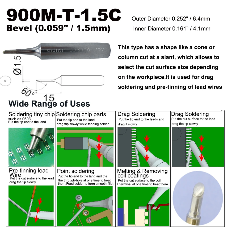 5 PCS Soldering Tip 900M-T-1.5C Bevel 1.5mm for Hakko 936 907 Milwaukee M12SI-0 Radio Shack 64-053 Yihua 936 X-Tronics 3020