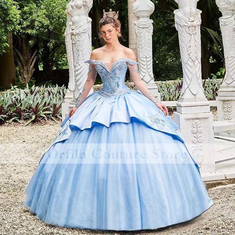 Princess Light Blue Quinceanera Dresses Tiered Skirt Beading vestidos de xv años Customized Off Shoulder Masquerade Prom Wear