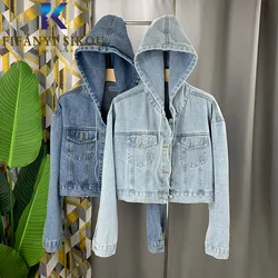 Jeans Jacket Women Korean Casual Fashion Hooded Denim Jackets Short Coat Pocket Drawstring Loose Jeans Coat Female Spring Autumn