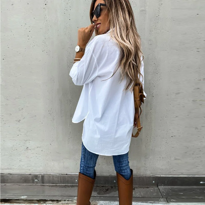 Women Casual Long Sleeve Pockets Lapel Shirts Elegant White Blouses Vintage Harajuku Button Loose Tops Irregular Tunic Autumn