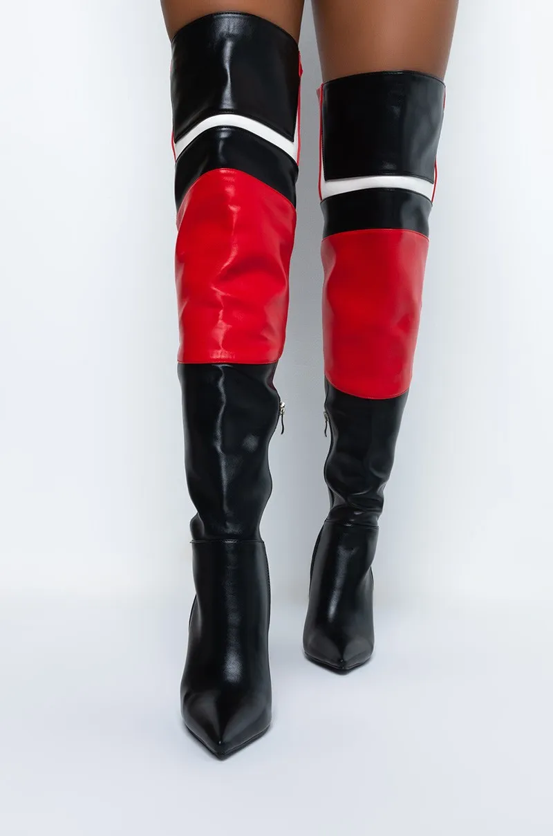 الأحمر والأسود المرقعة الفخذ أحذية عالية كعوب عالية على الموضة النساء أحذية مثير أشار تو كتلة اللون فوق الركبة الأحذية 44