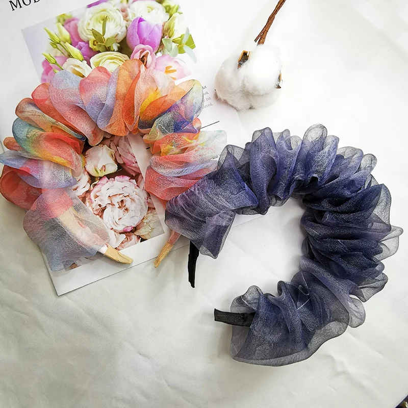 Lystrfac New Korean Mesh Ink Printing Bubble Fold Scrunchy Headband for Women Fashion Hairband Female Hair Accessories