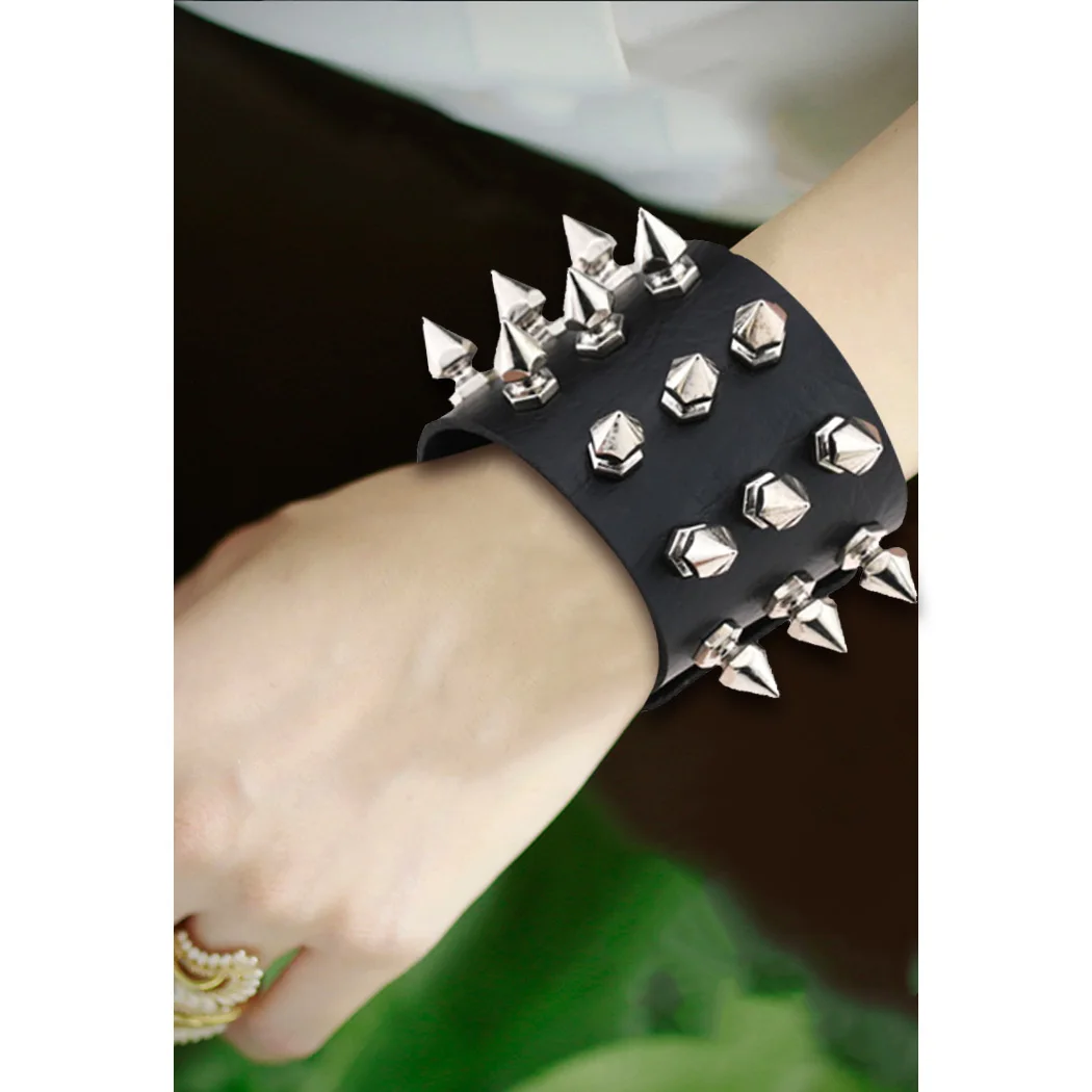 Punk Gothic Rock Cuspidal Spikes Rivet Cone Stud Wide Leather Cuff Bracelet Wristbands Charm Bangle Fashion Unisex Jewelry