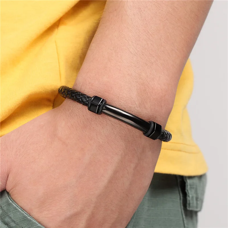 High Quality Trendy Bracelet Men Jewelry Black Braided Leather Handmade Bracelet Stainless Steel Magnetic Clasps Punk Wristband