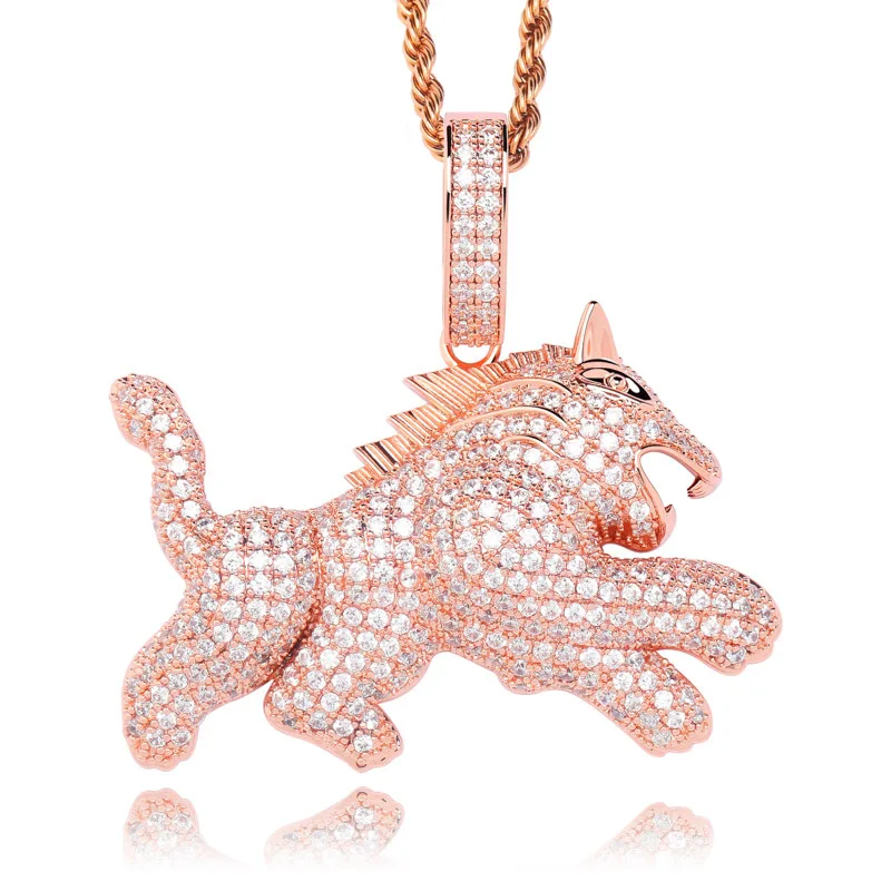 Hip Hop Micro Pave AAA CZ Stone Bling Ice Out Child Wolf Pendants Necklace for Men Rapper Jewelry Drop Shipping Rose Gold Color