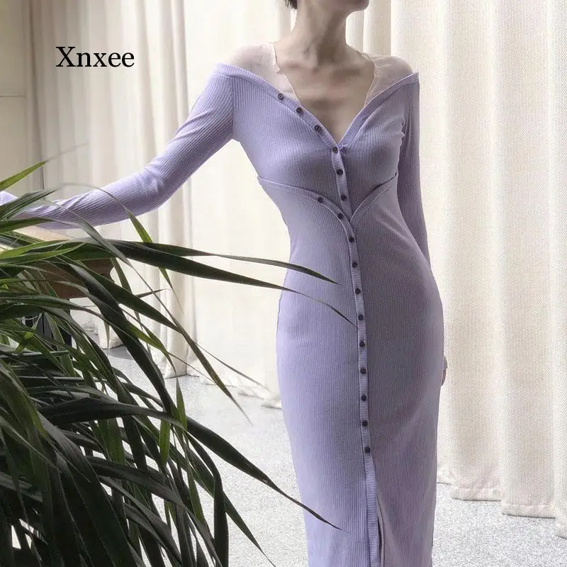 Autumn Winter New Vintage Elegant Stretch Tight V Neck Dress Sexy Off Shoulder Long Sleeve Dresses for Women High Elastic Clothe