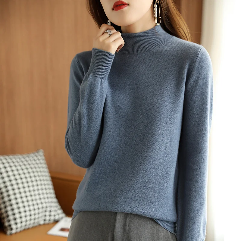 23Autumn Winter New Half Turtleneck Sweater Women\'s Large Size Loose Basic Pure Color Wild Knitted Bottoming Shirt Soft Stretch