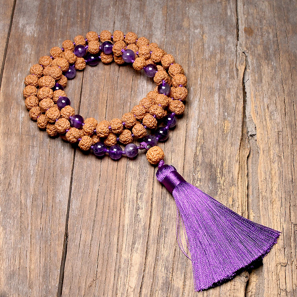 Natural Rudraksha 108 Japamala Necklaces Sets Knotted Amethyst Yoga Meditation Mala Necklace For Women Buddha With Tassel Zen