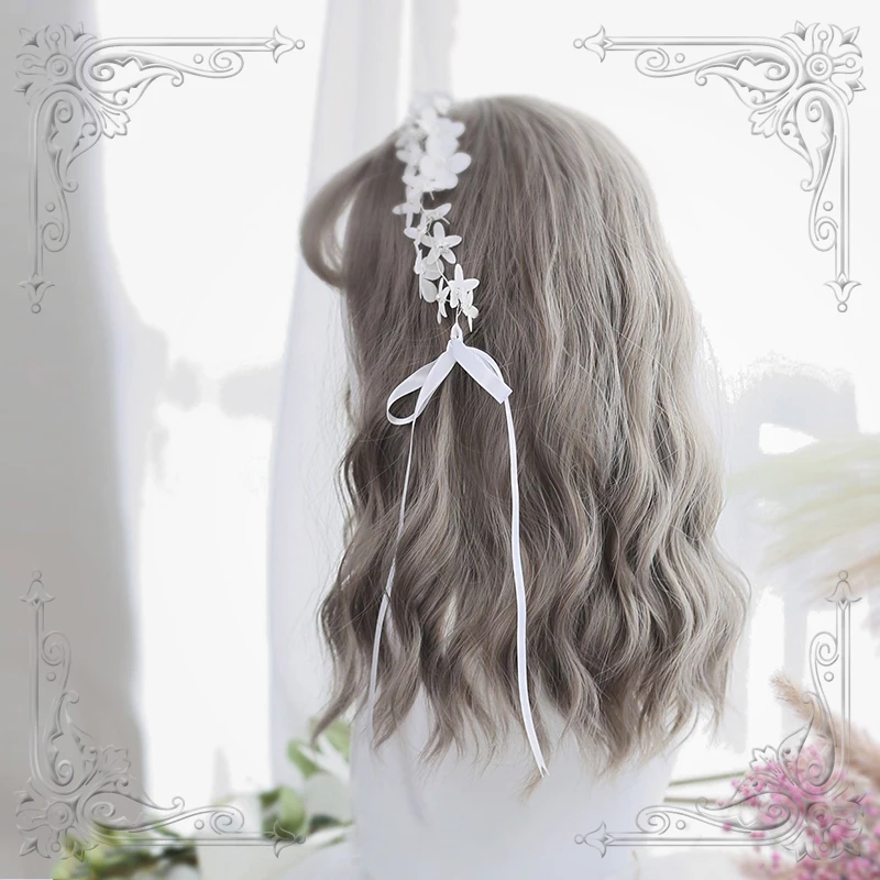 High Quality Lolita Aoki Flax Gray Daily Girl 40Cm+ Air Bangs Water Wave Wig Cosplay Party