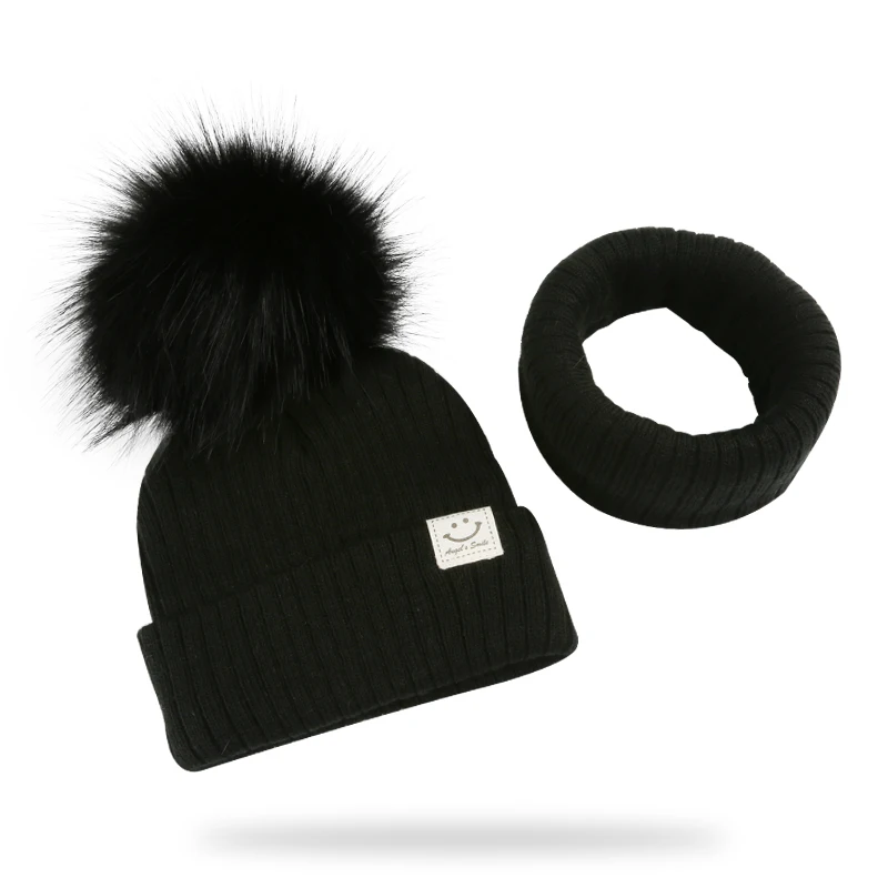 Gorro de pompón de piel sintética Unisex, bufanda para niños, gorros de punto para bebés, gorro con pompón, accesorios para niños, Invierno