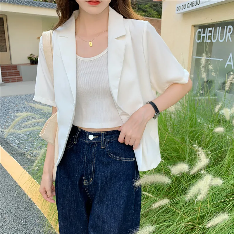 Blazers Women Solid Thin Single Breasted Office Lady Short Sleeve Blazer Streetwear Korean Style Casual Daily Stylish Retro Chic