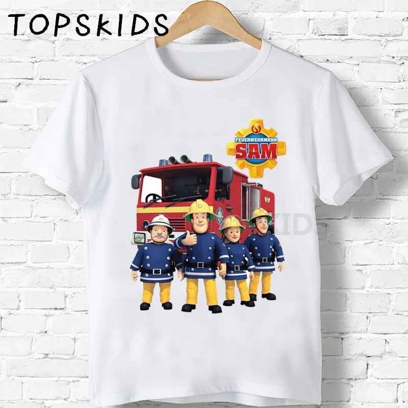 

2021 Fireman Sam Firefighter Cartoon Print Kids T-shirts Boys Girls Funny Baby Tops Children Summer Short Sleeve T shirt,HKP2450