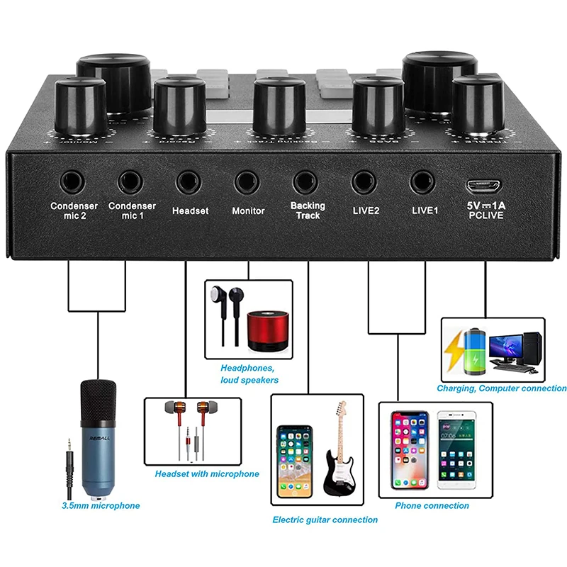 Live Streaming for PC Computer IPhone Broadcasting V8S Sound Card with 10 Sound Effects,3 Inputs, Mic Input