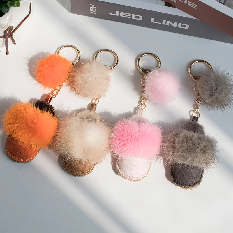 Real Mink Fur Trim Mini Slippers Keychain with Genuine Fur Pompom Ball Natural Shearling Sheep Leather Bag Charm Holder\'s Car