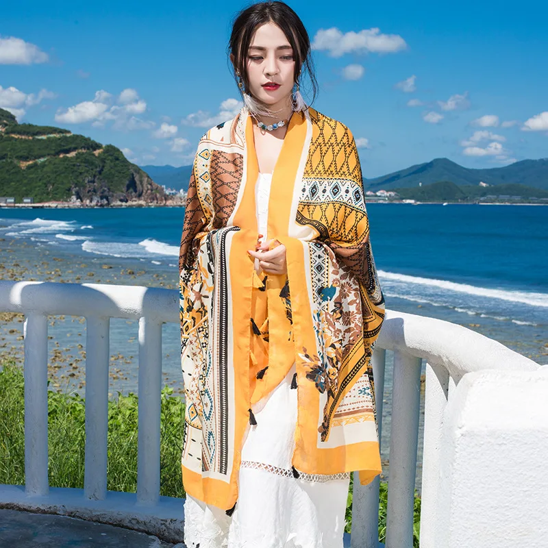 Design Marke Frauen Schal Sonnencreme Baumwolle Schals Dual-Use-Sommer Herbst Lange Schals Urlaub Am Meer Strand Handtuch Beachwear schleier – Detail 11