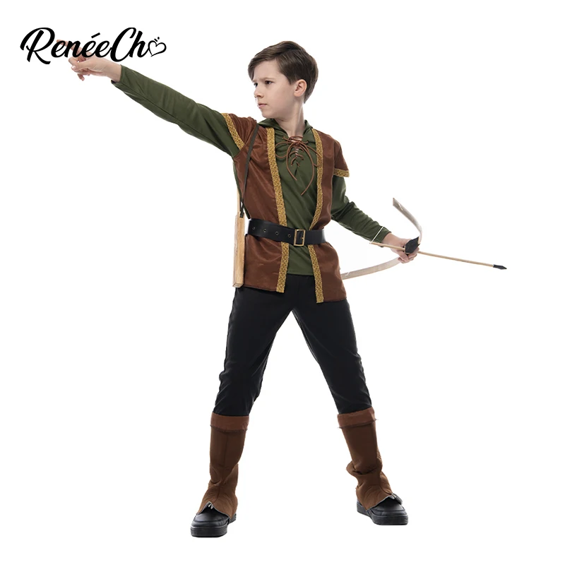 Reneecho Robin Hood Child Costume Boys Prince of Thieves Archer Costume Green Fancy Dress Halloween Costume Outfit