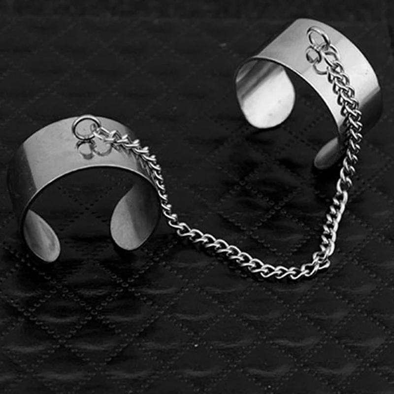 Korean Personality 2 Connecting Finger Ring Punk Stainless Steel Chain Finger Knuckle Opening Rings for Women Men Jewelry